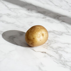 A single potato resting on a white marble countertop (different angle)