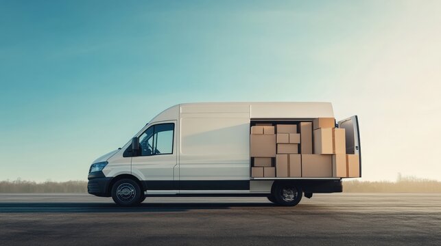 A white delivery van loaded with cardboard boxes, parked on an open road under a clear sky.