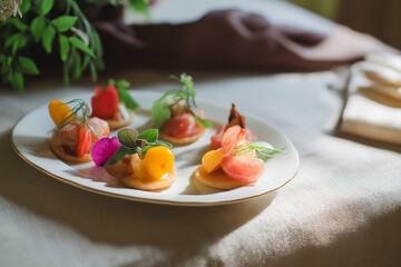 Gourmet wedding appetizer plate with fresh seasonal ingredients, beige linen tablecloth, natural warm daylight, sophisticated styling