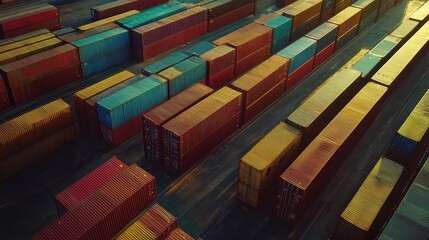 Drone shot of shipping containers in neat rows at a port, international freight management.