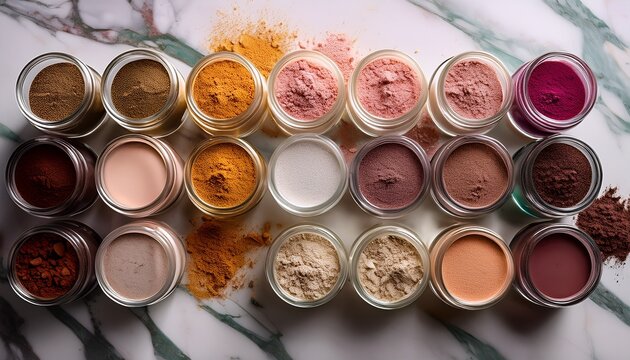 powders in jars arrayed with spills on marble various shades
