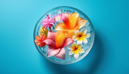 vibrant tropical flowers arranged in a clear ice like bowl on a blue background