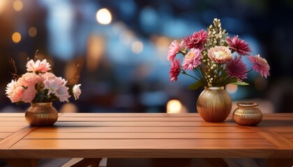 a wooden table with two vases of flowers on it