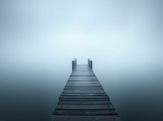 Fototapeta premium Wooden Pier Extending into Foggy Horizon with Minimalist Design