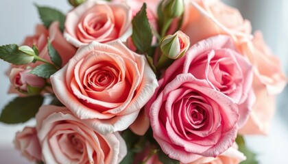 Obraz premium Captivating close-up of vibrant pink and peach roses in full bloom, creating a luxurious and romantic floral arrangement