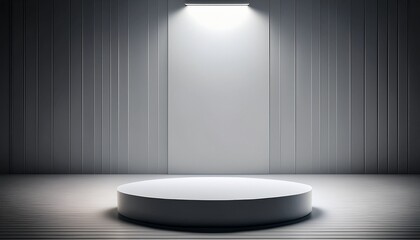 minimalist studio space with a white pedestal illuminated by soft overhead lighting