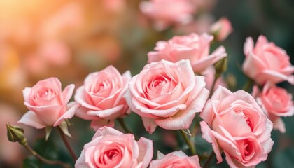 Delicate Pink Roses Blooming with Soft Light and Dreamy Atmosphere in a Lush Garden