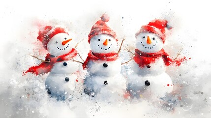 Trio of Cheerful Snowmen in Watercolor Style for Christmas Celebration