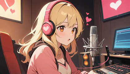 Anime Girl in Pink Hoodie Singing in Cozy Recording Studio with Heart Decor. Silver Mic, Audio Mixer, and Warm Lighting Evoke Affectionate Musical Ambiance