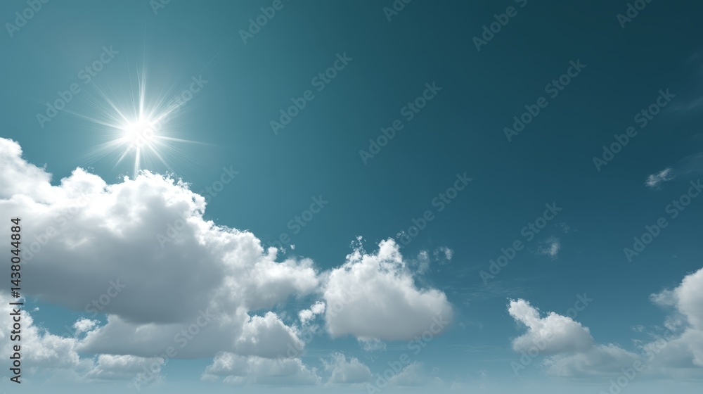 Leinwandbilder a bright sun flare shines in the corner of a clear azure sky filled with minimal wispy clouds, provi