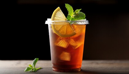 refreshing iced tea with lemon slice and mint in a takeaway cup
