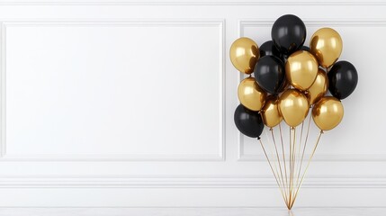 Elegant black and gold balloons in a minimalist white room, luxury birthday or corporate event decoration.