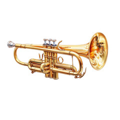Naklejka premium Golden Trumpet: A gleaming, gold-lacquered trumpet rests elegantly on a plain background, ready to play a beautiful melody. The instrument's valves and bell are crisply detailed.