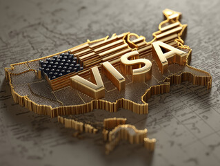 Golden USA map highlighting the concept of visas for travel and immigration