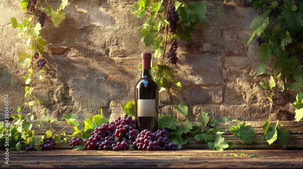 Poster a tranquil rustic setting shows a wine bottle nestled among grapes and leafy tendrils