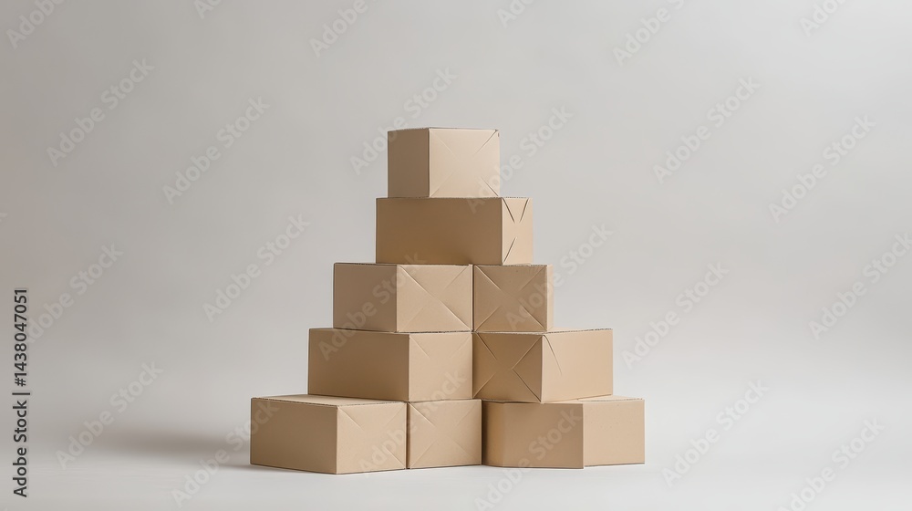 Poster a pyramid of plain cardboard boxes is stacked on a neutral background.