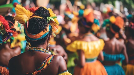 Let's dance all our troubles away. Cropped shot of beautiful samba dancers in colorful costumes performing in a vibrant carnival, with their energetic band playing lively music. 