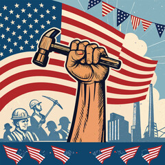 Happy Labor Day Celebrating The Dignity Of Work .,Happy Labor Day Patriotic Illustration With Clenched Fist Holding Hammer 
