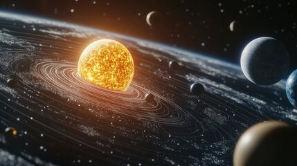 Obraz premium Photorealistic 3D rendering of the solar system, Earth illuminated by the Sun rays in the foreground, planetary orbits in full display, deep-space background with stars 