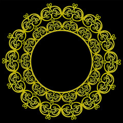 Round gold frame decorated with a beautiful original ornament on a black background