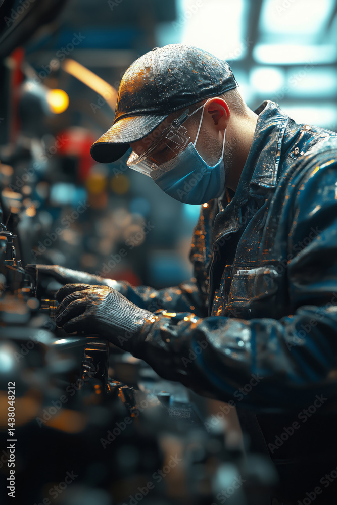 Poster Focused mechanic practices safety while repairing an engine in workshop
