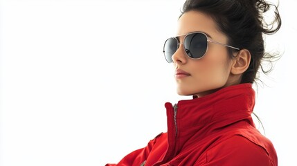 Portrait of a woman pilot in a red flight suit, wearing aviator sunglasses, looking determined, white background, high-detail fabric texture, photorealistic.
