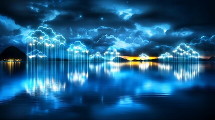 Neon Cloud Rain Reflections on Dark Blue Water at Night