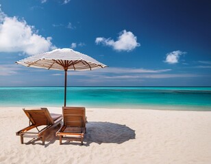 tranquil tropical shoreline umbrella and chair in serene minimalist photography