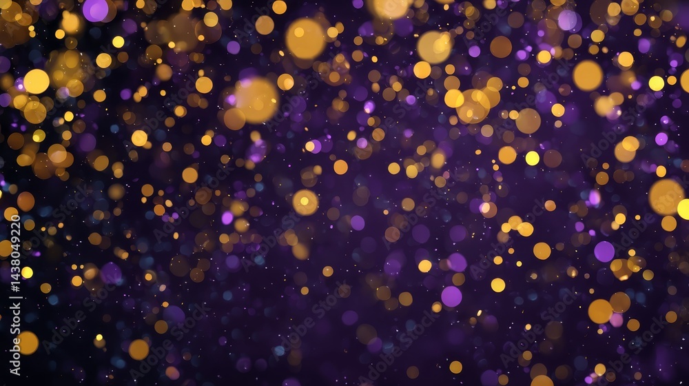Poster Glowing golden and purple bokeh lights fill a dark setting, creating an enchanting and magical atmosphere ideal for festive occasions and celebrations