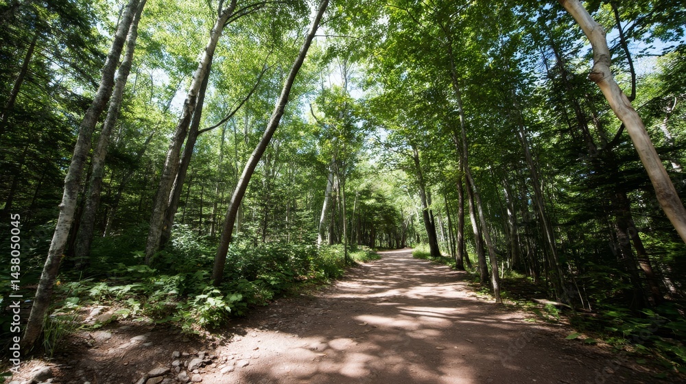 Poster a serene forest path meanders through lush greenery, with sunlight filtering through the leaves, cre