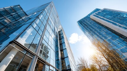 Towering glass skyscrapers reflect golden sunlight in a modern city skyline under a clear blue sky with ample copy space on the right side of the composition