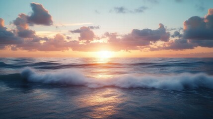 The scene captures a calm sea bathed in the gentle light of a sunrise, as the first rays of the sun illuminate the horizon, bringing the promise of a new, peaceful day.