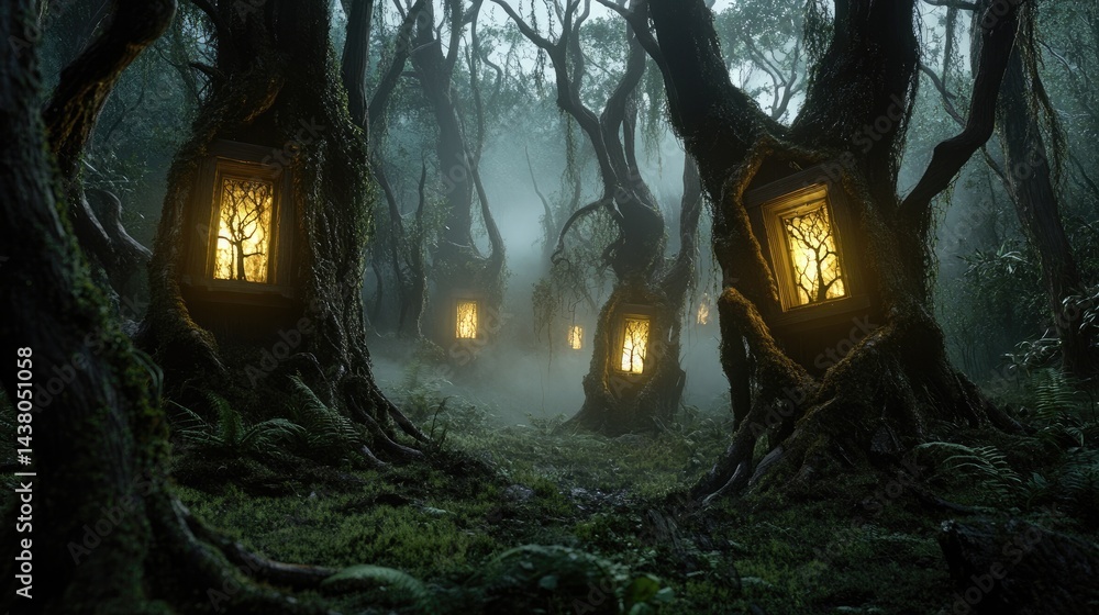 Poster glowing windows pierce through dense fog in a forest of sinister-looking trees