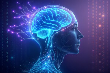 Futuristic digital illustration of human brain and neural network, artificial intelligence and technology concept
