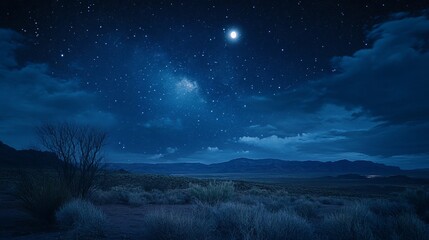 Serene Night Sky over Desert Landscape Starry Night Peaceful Moonlit Scene Tranquil Nature Photography Dark Blue Nighttime View Majestic Mountains    