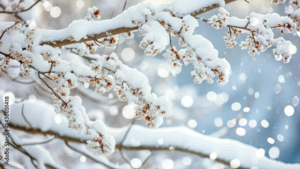 Poster a snow covered tree branch with snowflakes falling on it. concept of tranquility and peacefulness, a