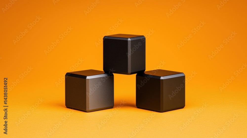 Poster three black cube-shaped objects arranged in a pyramid formation against a solid orange background.