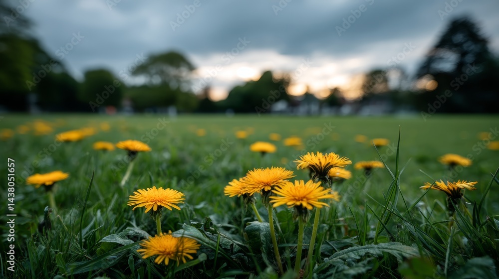 Poster Field of vibrant wildflowers basks in the soft glow of twilight. The grassy foreground provides a peaceful setting, inviting moments of reflection and serenity