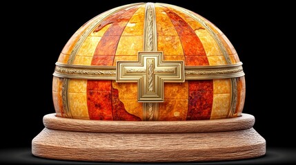 Spherical Object with Golden Cross and Stone Base