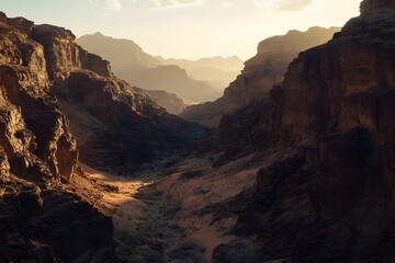 Obraz premium A desolate canyon stretching between rugged desert peaks, its sheer rock faces glowing under golden light.