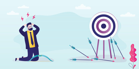 Failed businessman with bow and arrow. Not hit target, arrows around. Sad loser man with archery miss the target. Failed investment. Unsuccessful male character.