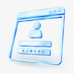 Login page design with user icon and password field displayed in a sleek, blue glass 3D style. Ideal for web and app interface design concepts. isolated on transparent background. Vector illustration.