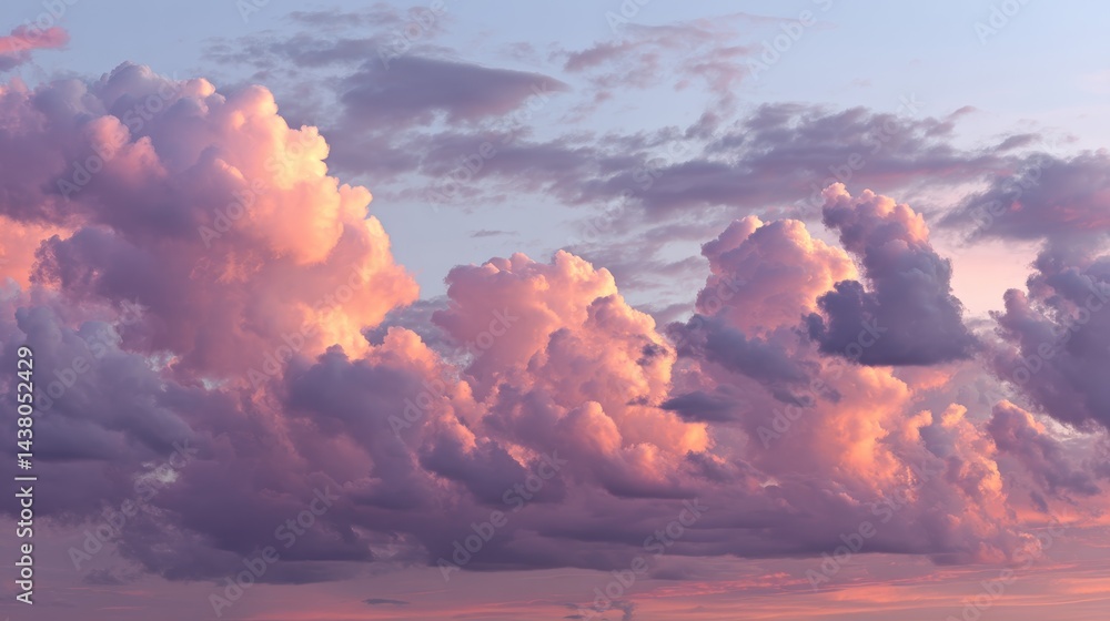 Leinwandbilder Cumulus clouds glow in shades of peach and lavender as twilight settles in, creating a peaceful and mesmerizing sky with ample space on the right for text or graphics