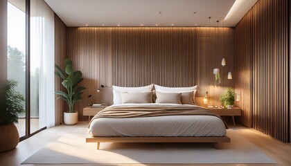 modern minimalist bedroom with cozy bed wooden accents and soft lighting for relaxation