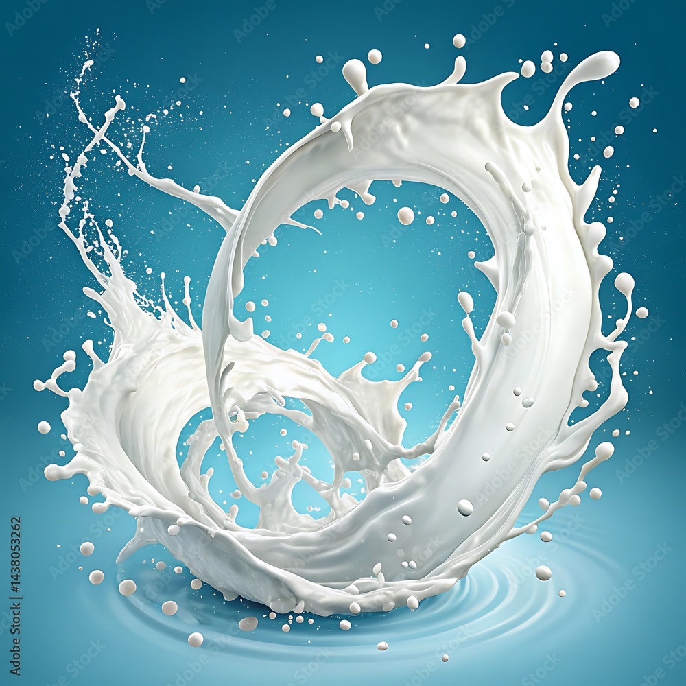 Poster a dynamic milk splash with droplets against a blue background creating a fluid motion effect