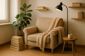 Cozy reading corner with armchair, blanket, books and warm lighting, generative AI