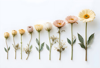Illustration Of a Single Random Flower Species Showing 9 Stages Of Evolution From Fresh Bud To Fully Bloomed Flower, Life Cycle Concept Design
