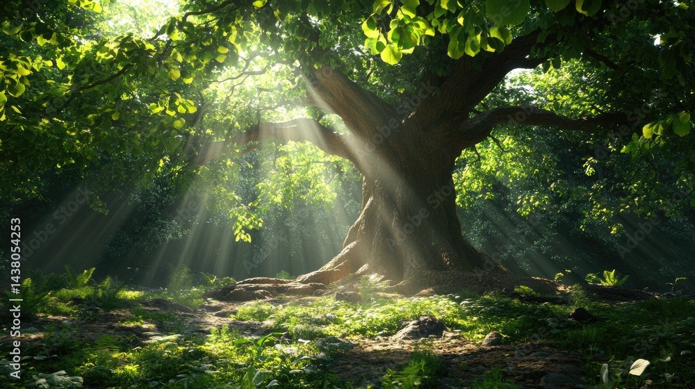 Poster soft light pulses through the roots of a giant tree, creating a dreamlike woodland scene