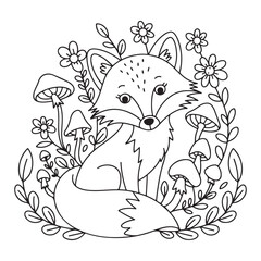 Forest-themed outline drawing of a fox with mushrooms and flowers for children’s coloring fun