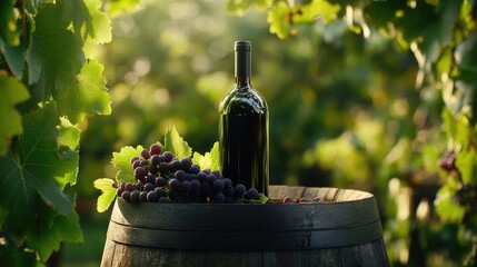 Fototapeta premium Vineyard ambiance: wine bottle on barrel with ripe grapes and fresh green leaves